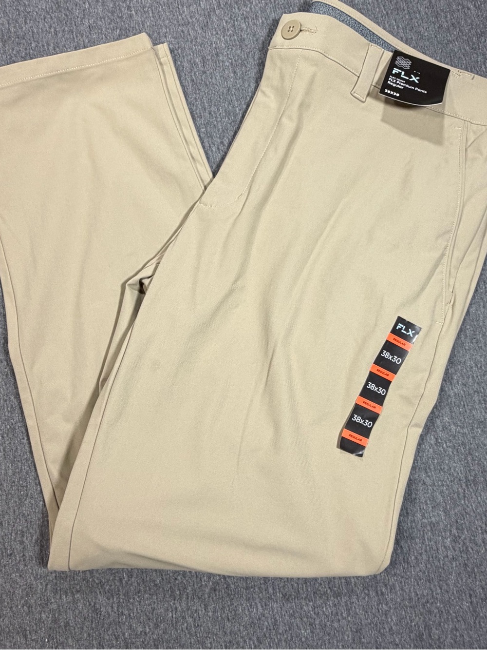 FLX Premium 4 Way Stretch Flat Front Mens Brown Tan Pants 38x30 NWT New Reg Fit